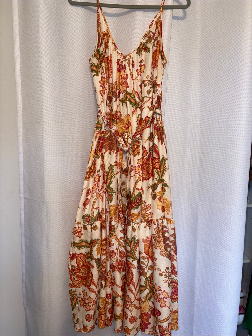 Anthropologie Cream Maxi Dress with Red, Orange & Green Floral Print